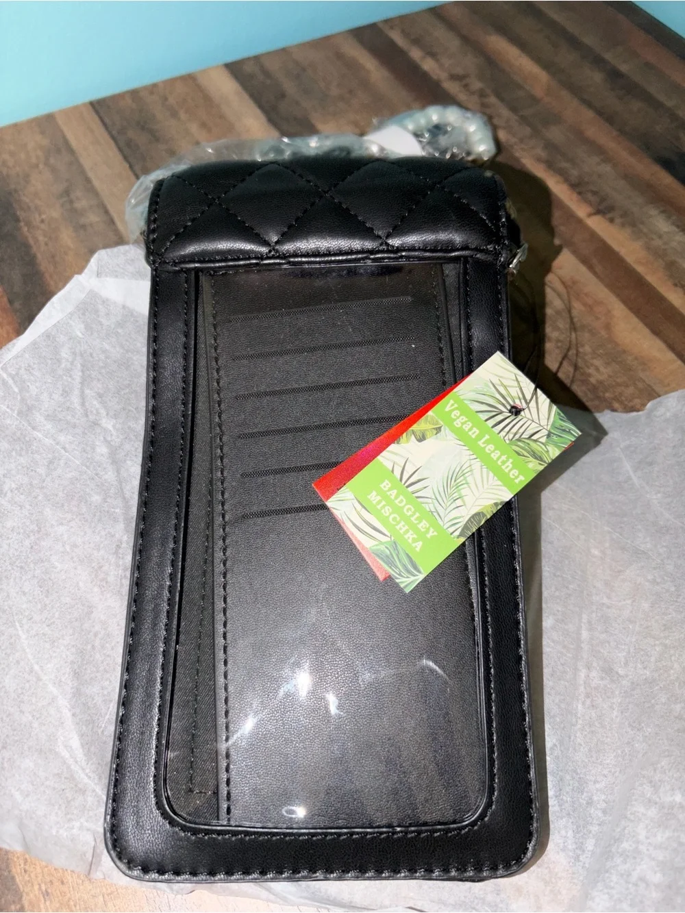 Badgley Mischka Black Quilted Pearl-Accent Phone Pouch NEW WITH TAGS!